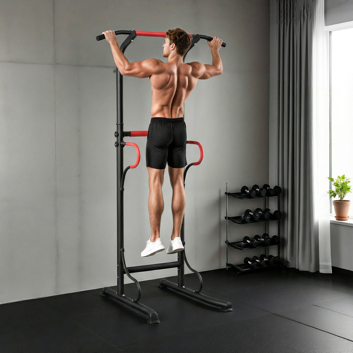 Height-adjustable power tower dip station with pull-up bar, suction cups home gym station (2)