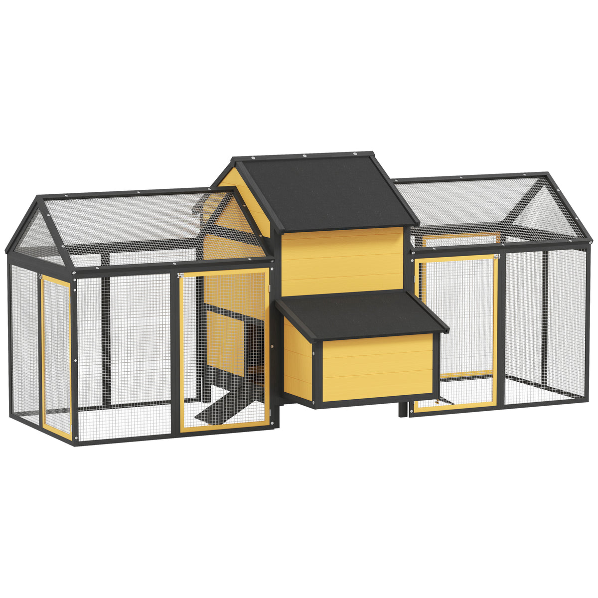 Chicken coop small animal house 2 outdoor runs, 1 nesting box, 2 ramps, asphalt roof, weatherproof, yellow