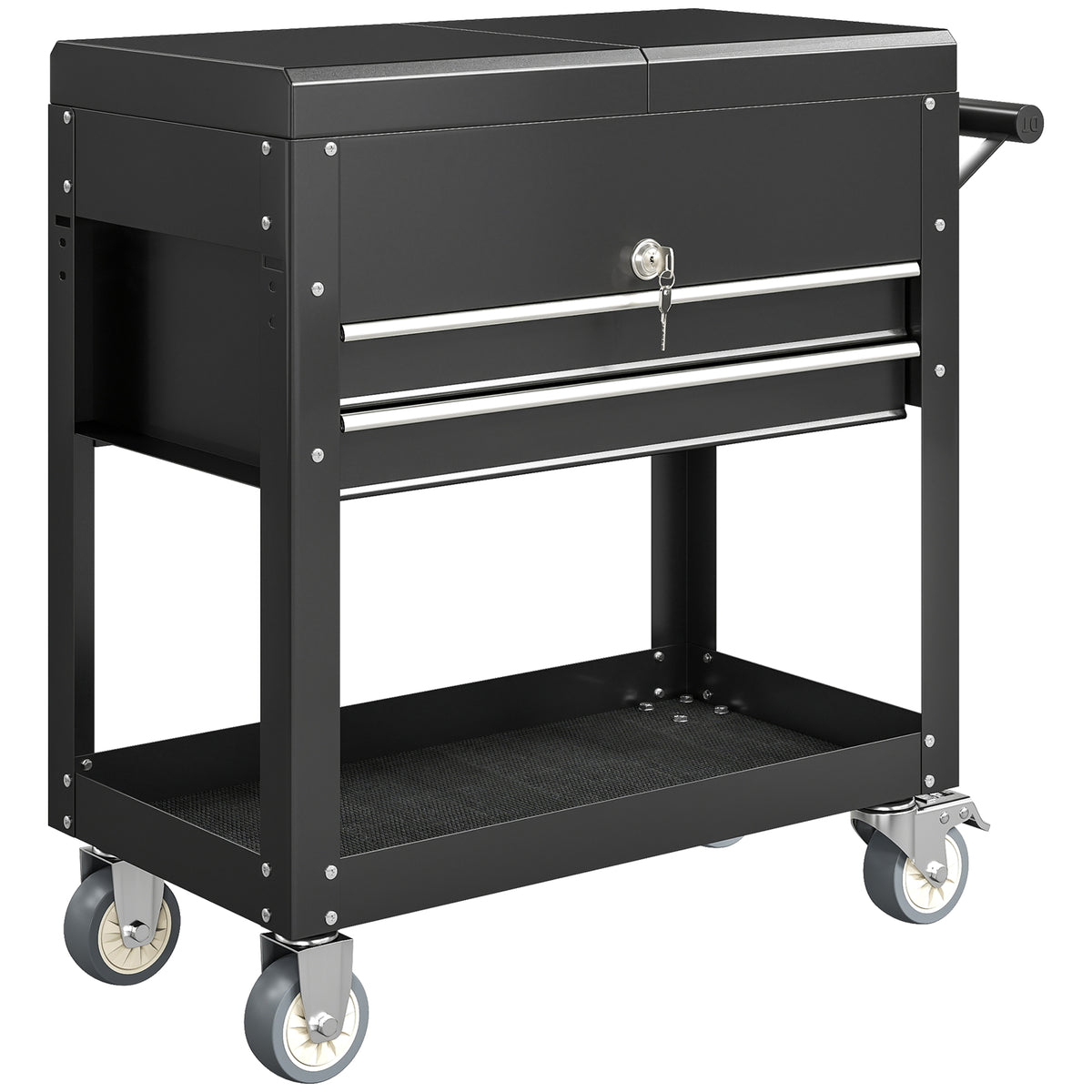 Rolling tool cabinet, tool chest with drawers, work surface, lockable, with handle, steel, black
