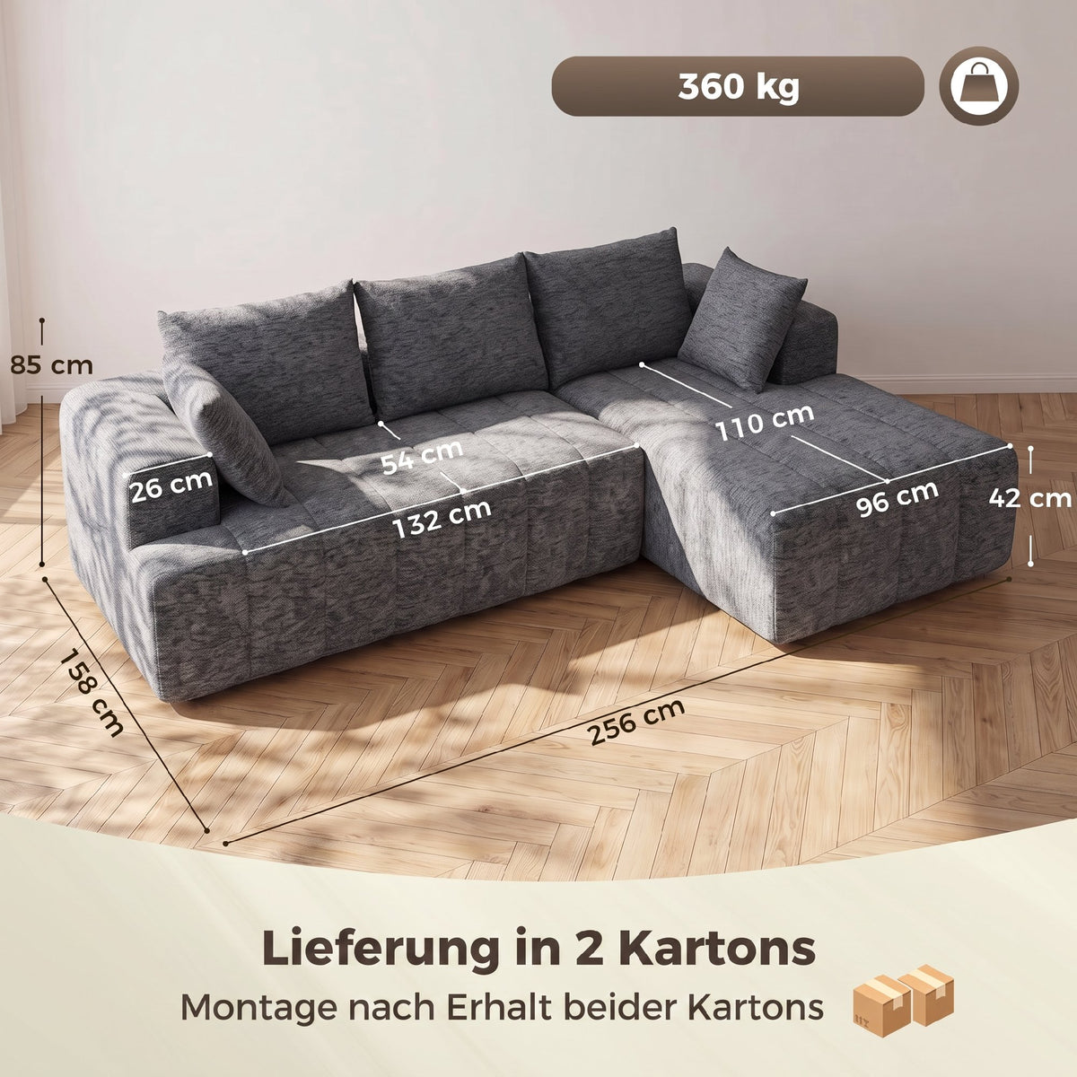 3-seater L-shaped corner sofa with ottoman, convertible chenille cloud sleeper sofa with pocket spring (3)