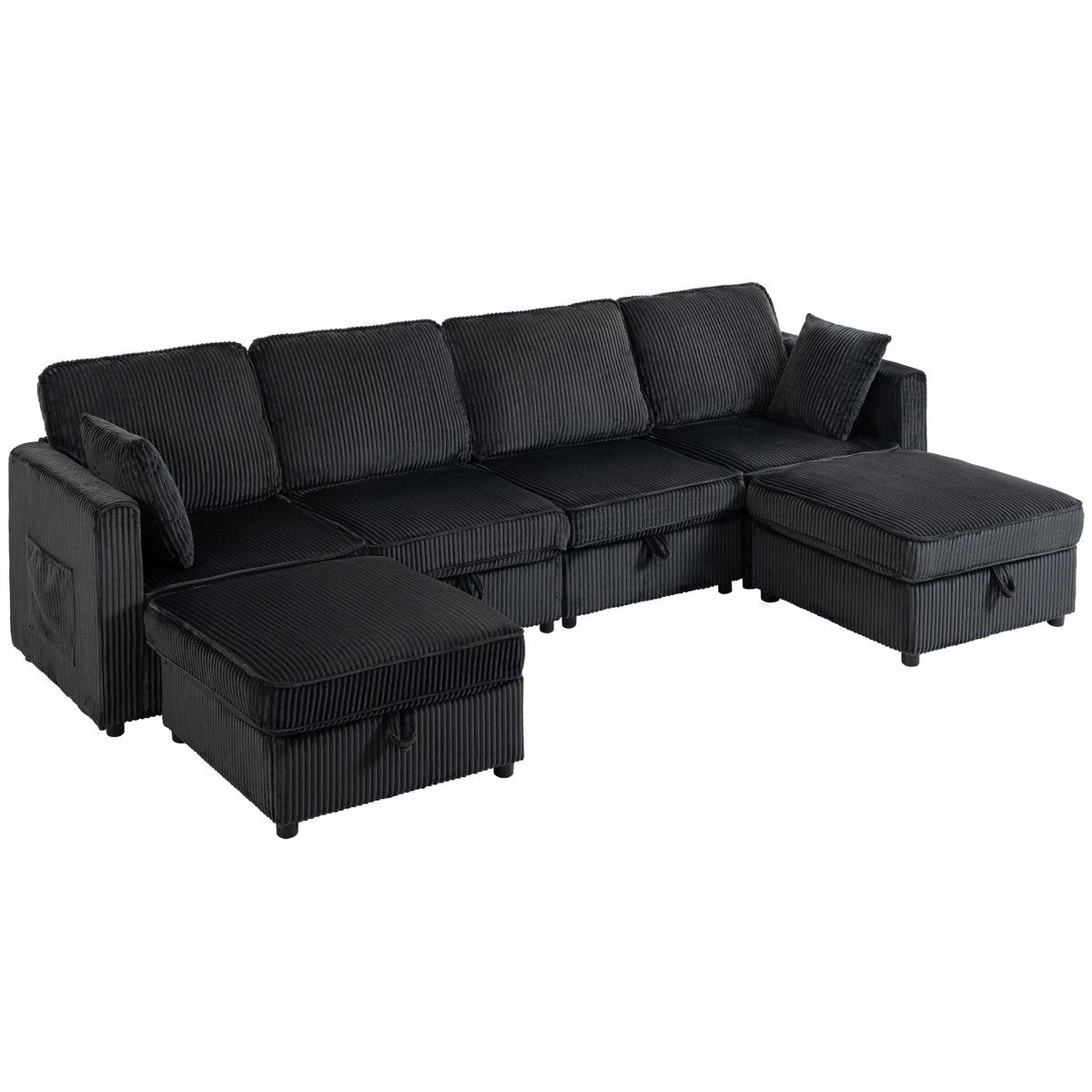4-seater U-shaped corner sofa with storage ottoman, 306 cm corner couch in corduroy look, 4 cushions, for living