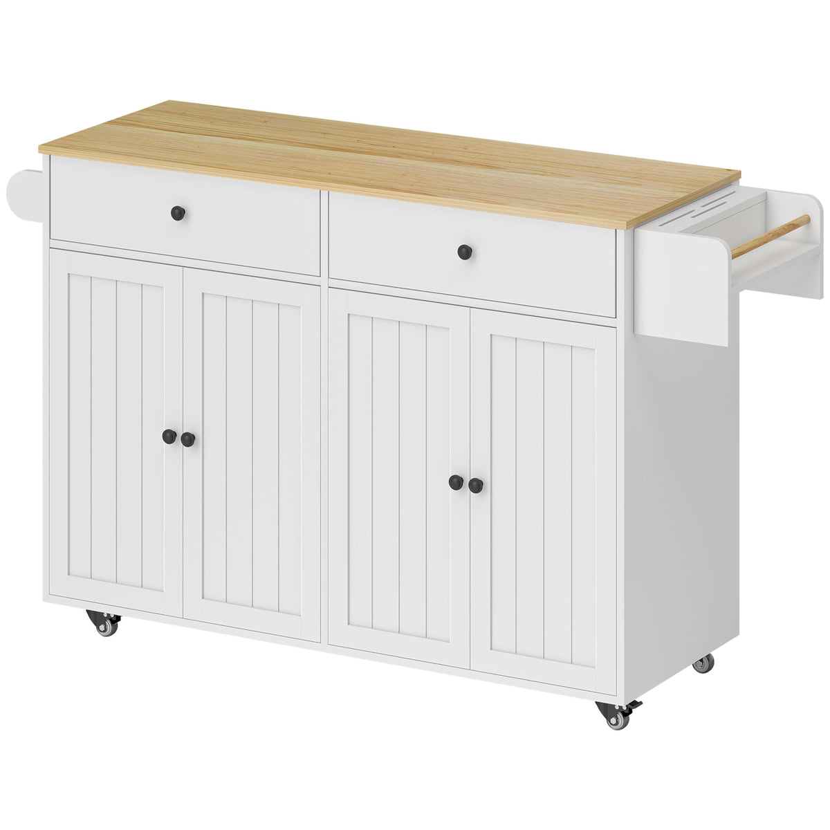 Rolling kitchen island, 2 drawers, 2 cabinets, movable, spice rack, towel holder, knife holder, MDF, white