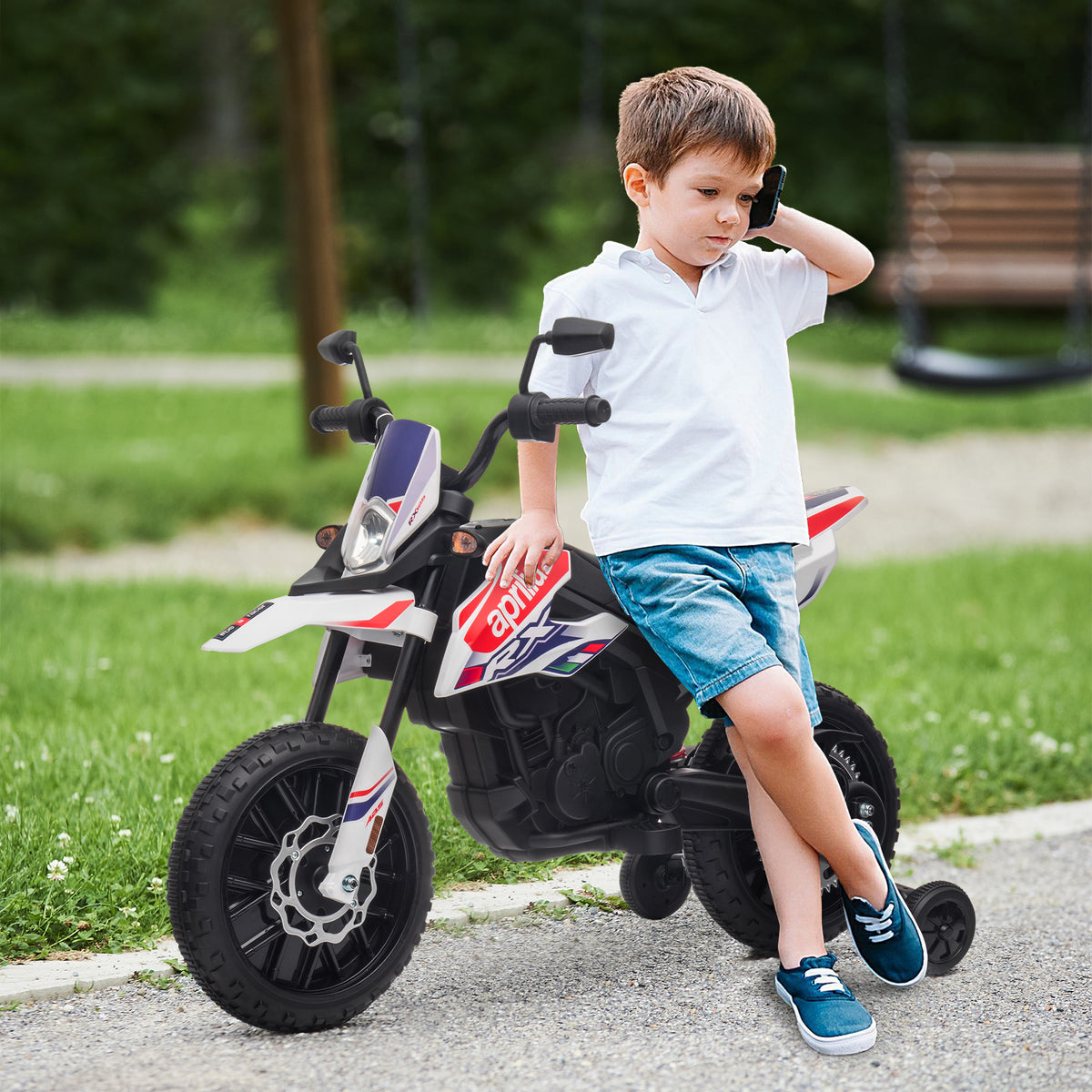 12V Kids' Motorcycle with Training Wheels, LED Lights, Music, USB, Electric Motorcycle for Boys and Girls, White (2)