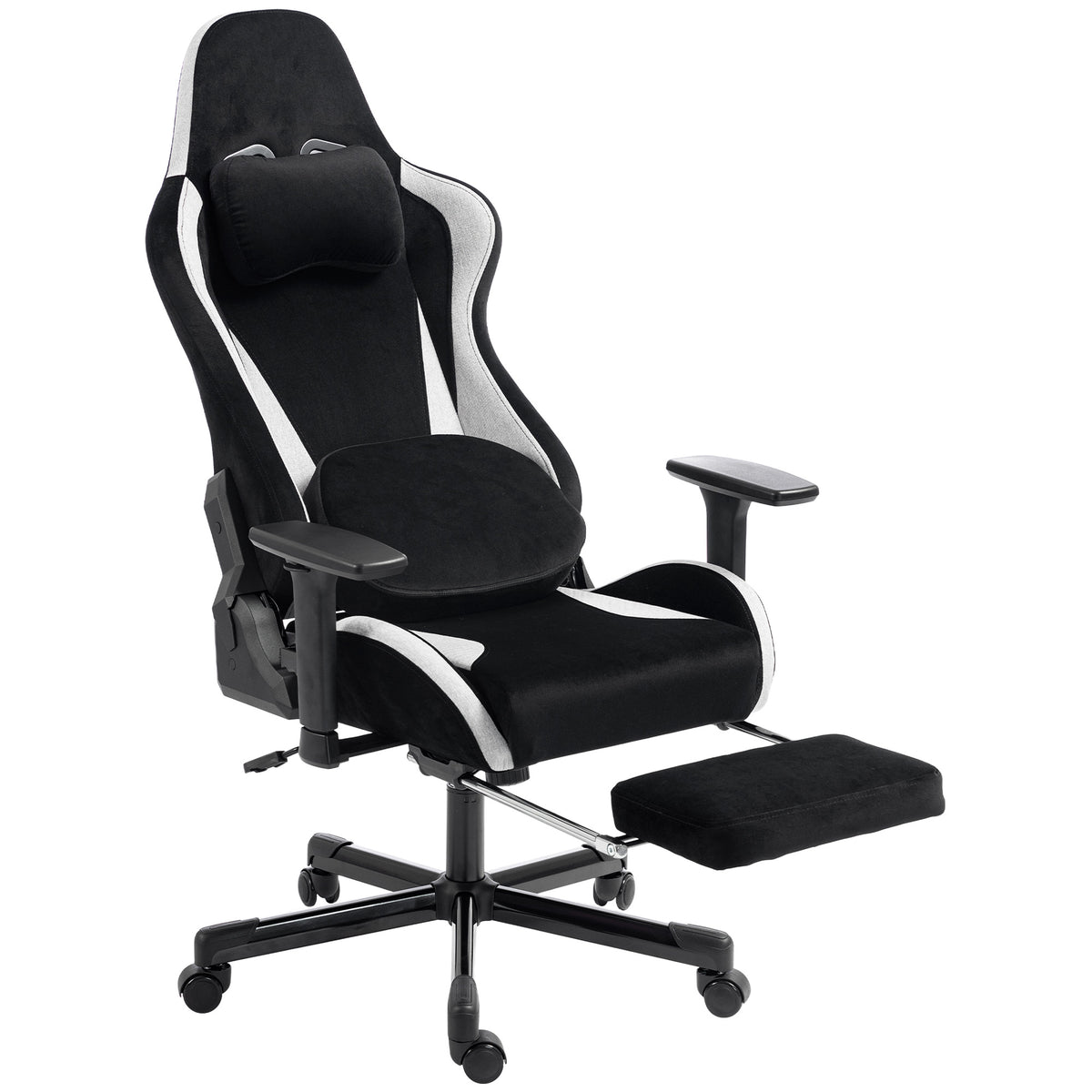 Gaming chair with massage and heated lumbar pillow, ergonomic, linen look, 3D armrests, headrest, black