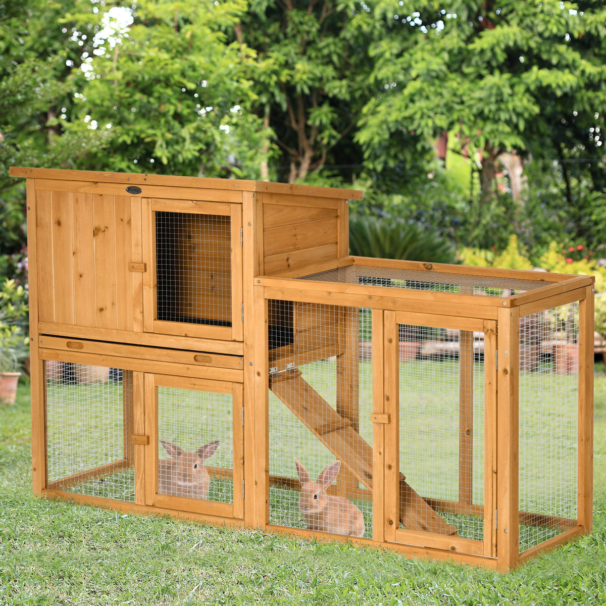 Small animal hutch with outdoor run, removable base tray, weatherproof, 141 cm x 60 cm x 86 cm, brown (2)