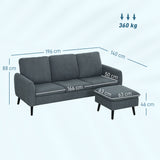 Corner sofa, 3-seater sofa with ottoman, fabric upholstery, L-shaped couch set, dark gray (3)