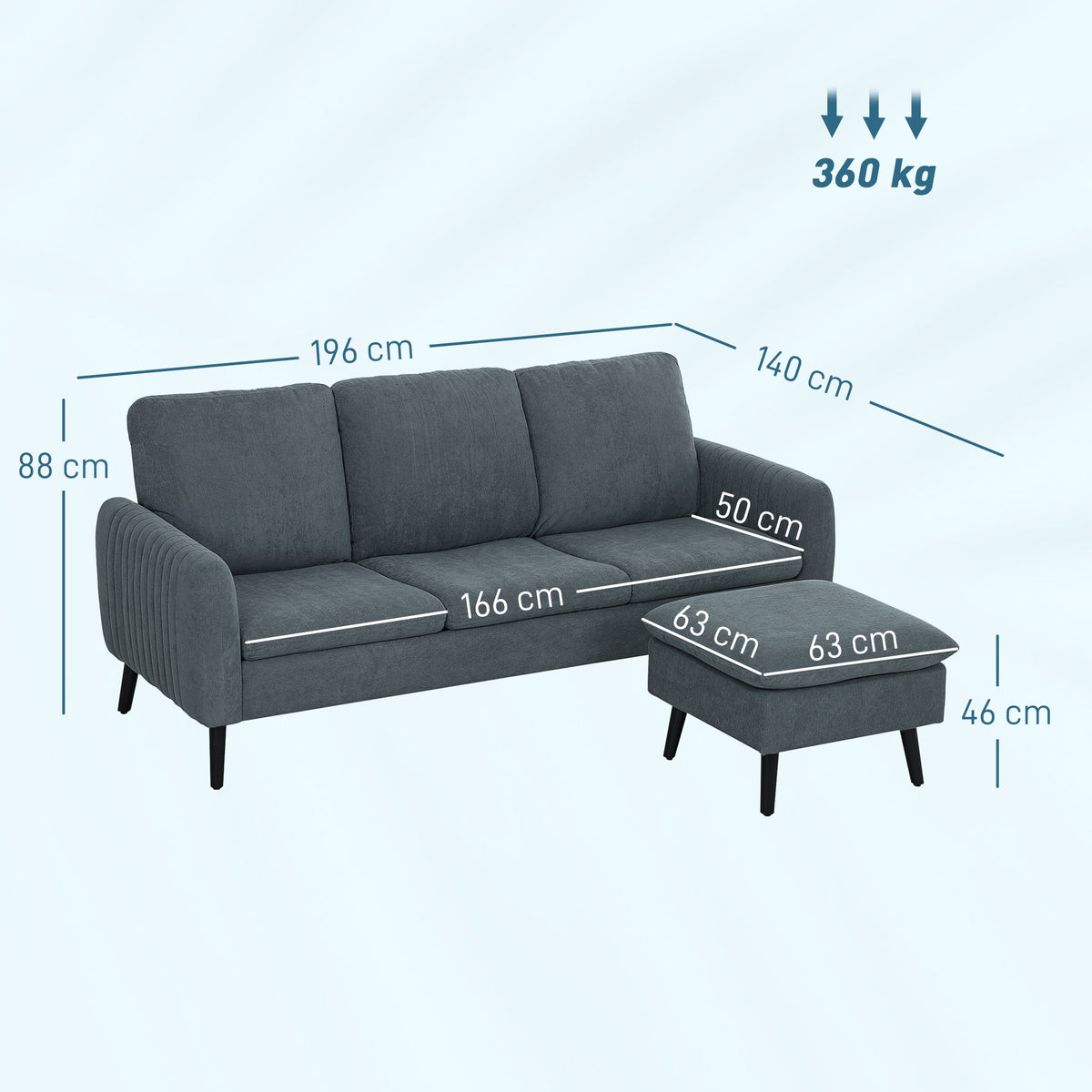 Corner sofa, 3-seater sofa with ottoman, fabric upholstery, L-shaped couch set, dark gray (3)