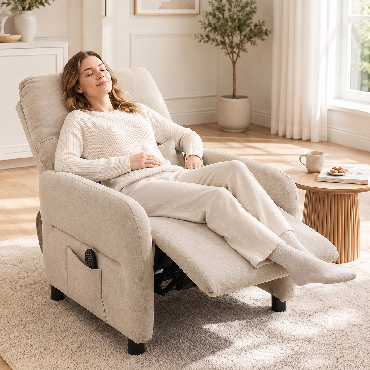 Recliner chair with massage & heat, reclining function, 2 side pockets and pull-out footrest, beige (2)