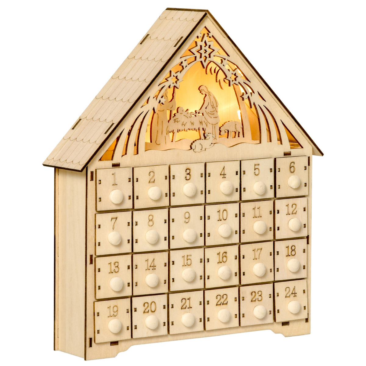 Advent calendar with LED lighting, 24 drawers, nativity scene, 26.6x6x30 cm, wood look