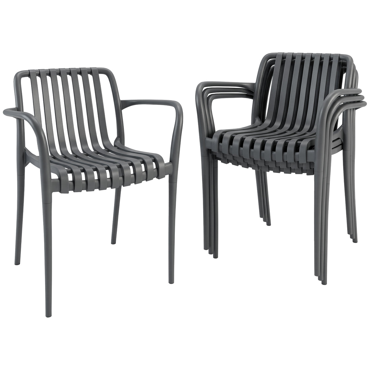 Garden Chairs Set of 4 Stackable Patio Chairs with Slat Design Armrests, Ergonomic Dark Gray