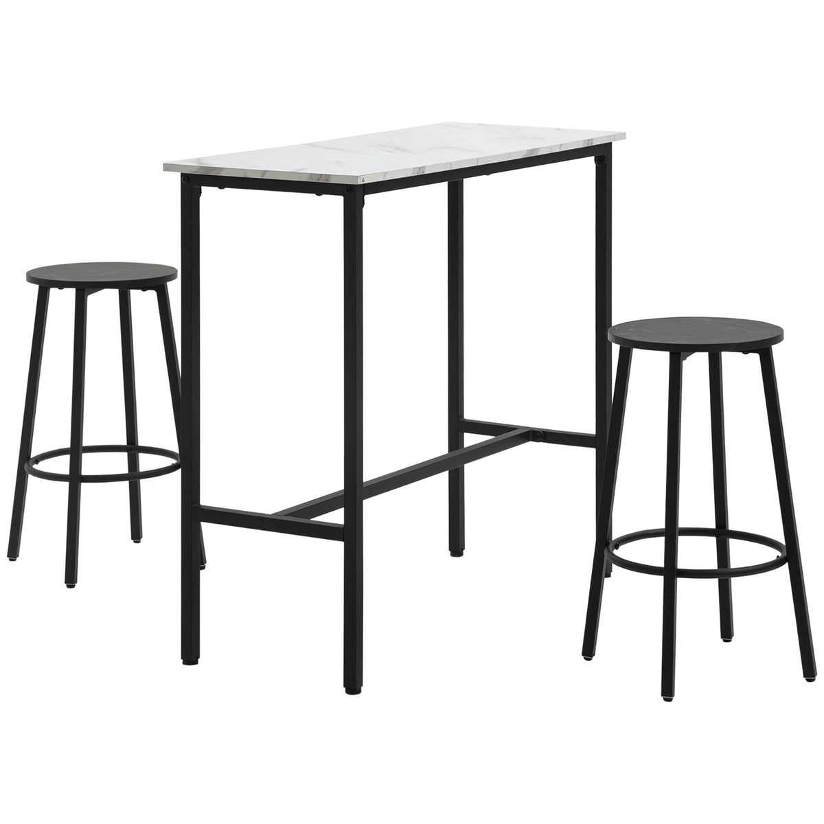 Bar set for 2 people, 1 table with 2 bar stools, tabletop in white marble look, steel frame