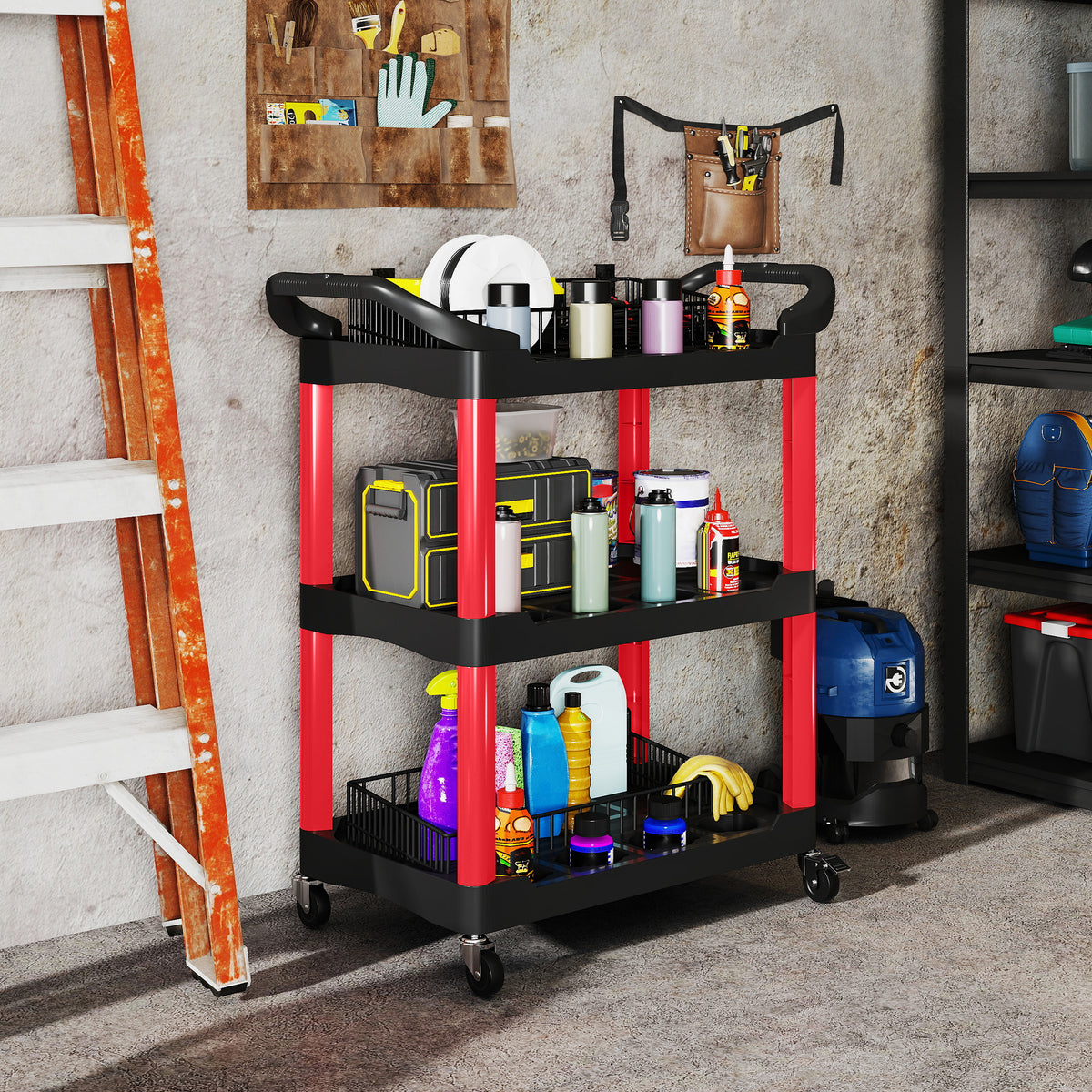 3-tier tool cart, side handles, wheels, plastic, red (2)