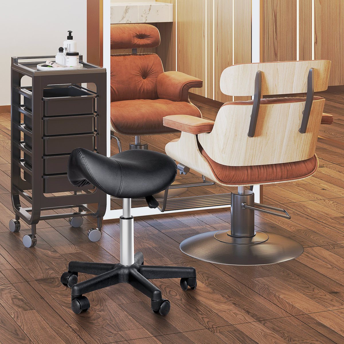 Rolling stool, saddle-shaped seat, height-adjustable, 360° rotatable, faux leather, black, 35 x 38 x 45-55 cm (2)