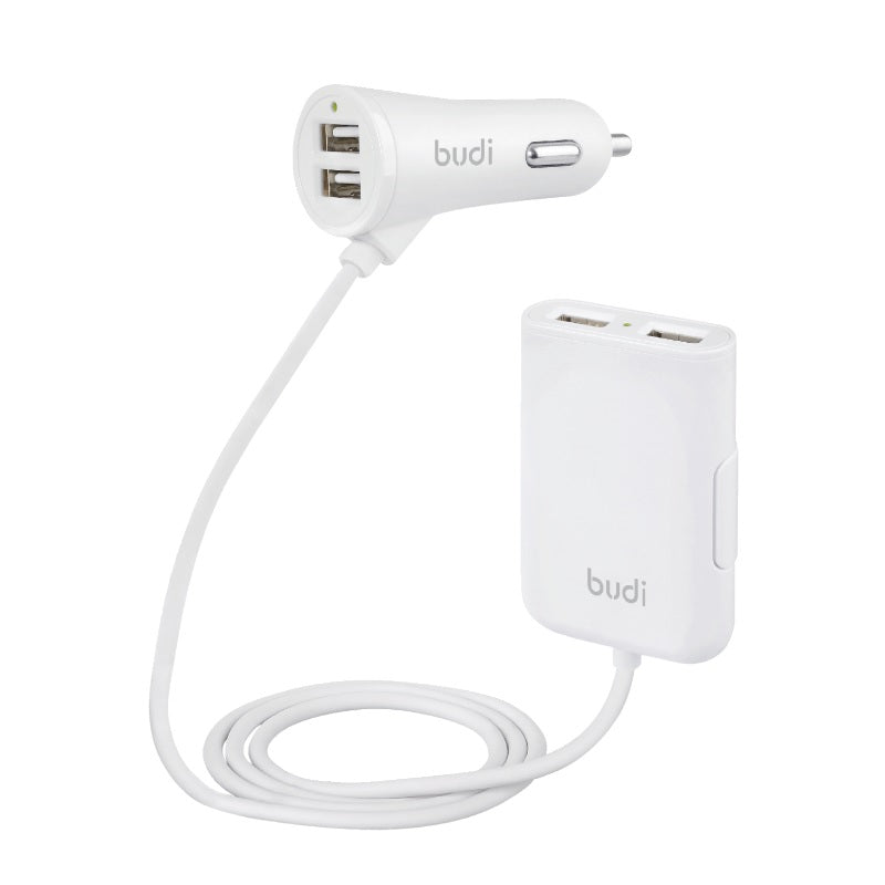 Budi - 4x USB Car Charger, 41W + 1.8m Extension Cable (White)