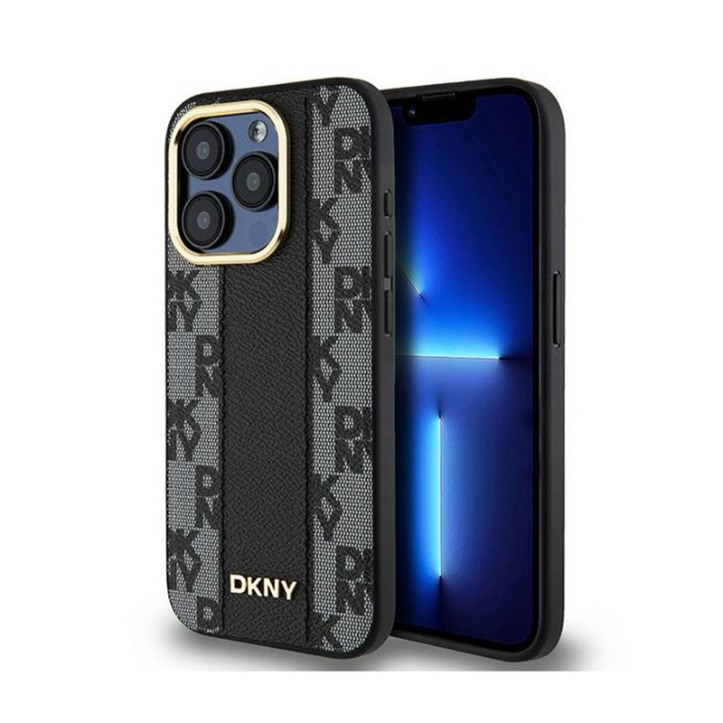 DKNY Leather Checkered Mono Pattern MagSafe - Case for iPhone 15 Pro (Black)