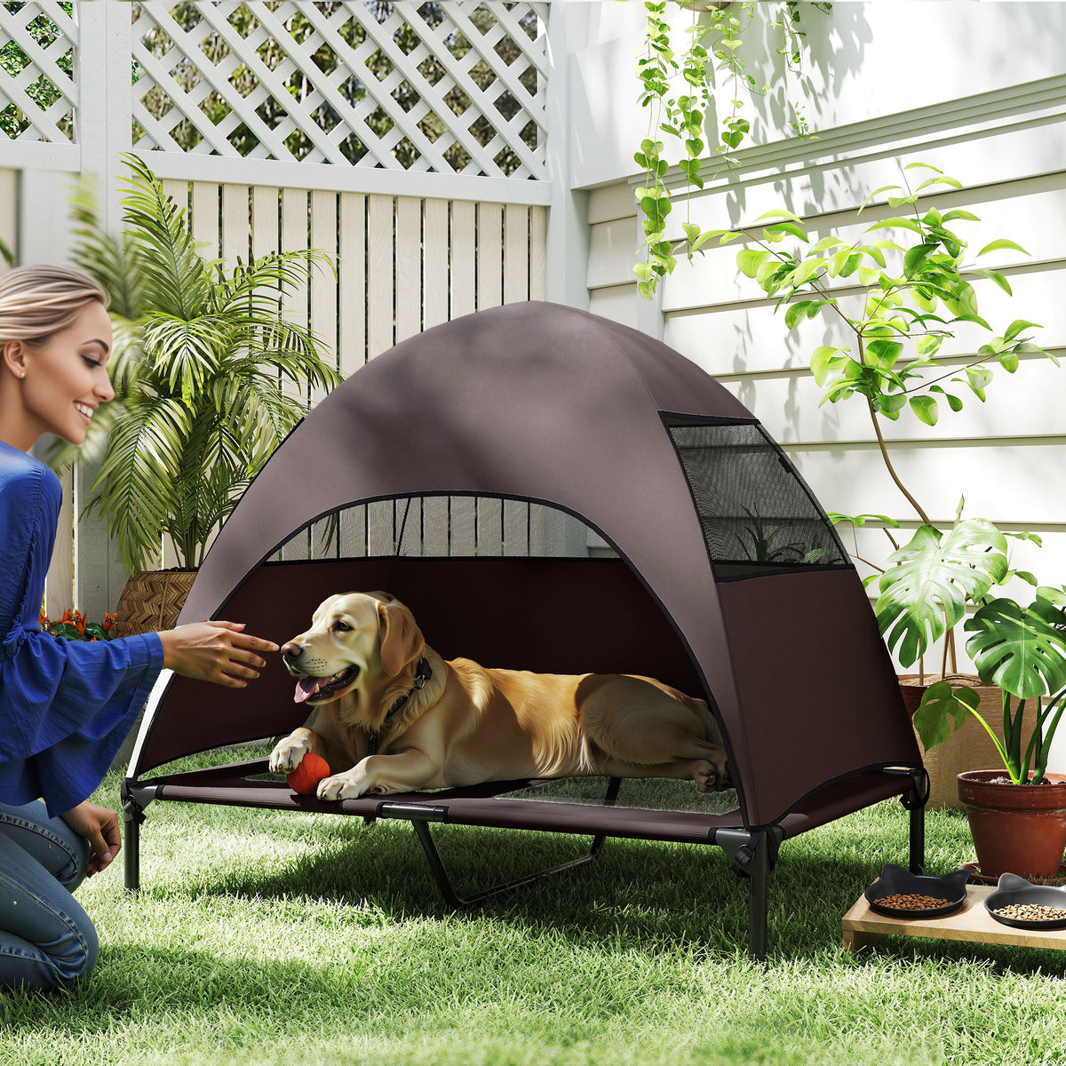 Outdoor Dog Cot with Canopy, Elevated Dog Bed for Large Dogs, 106 x 76 x 99 cm, Coffee (2)