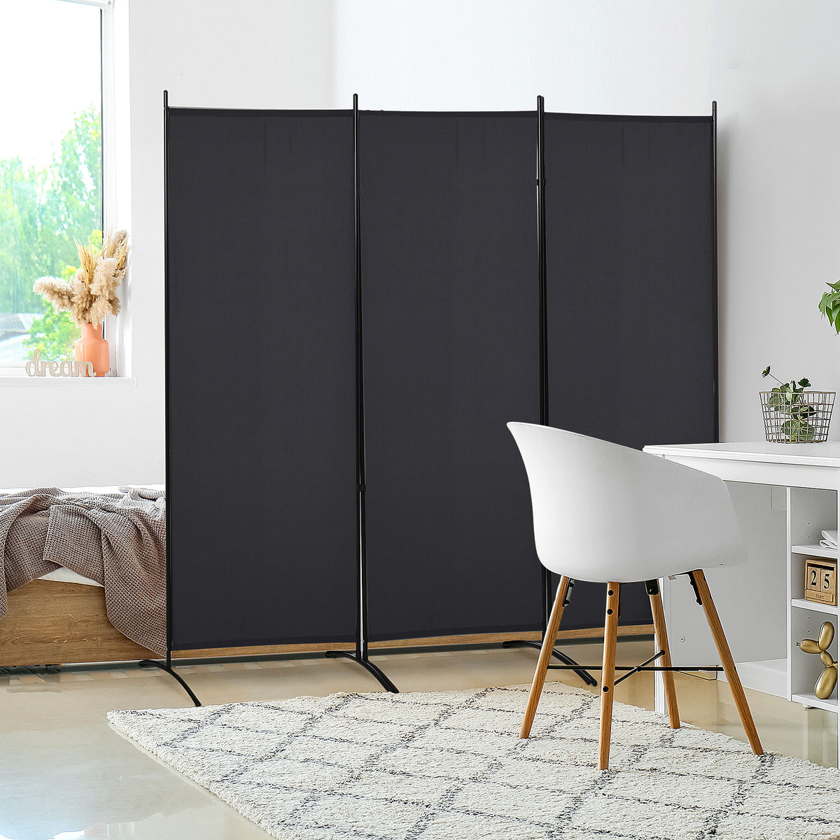 Room divider, 3-panel privacy screen, room separator with metal frame, black (2)