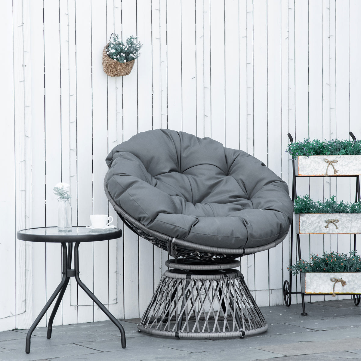 Papasan chair wicker chair armchair with cushion 360 degree rattan grey W87 x D97 x H86 cm (2)