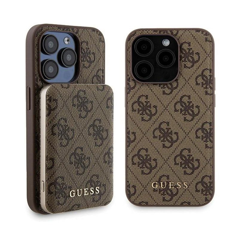 Guess Bundle Pack MagSafe 4G Metal Gold Logo - Case + 5000mAh MagSafe Power Bank Set for iPhone 15 Pro (Brown)