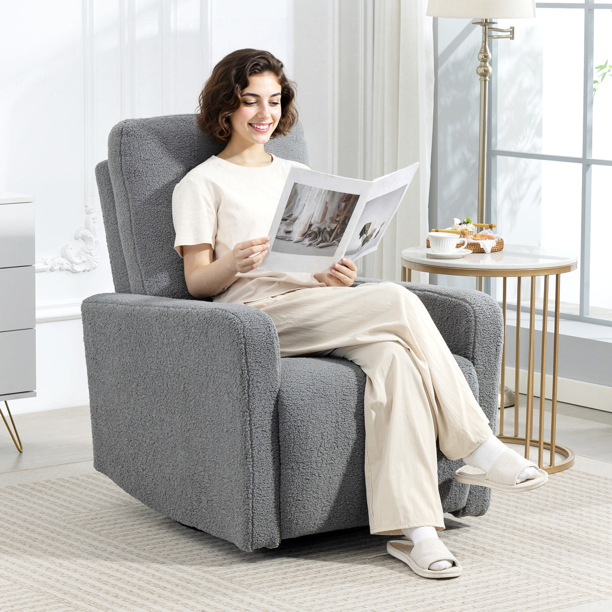 Recliner chair, relaxation chair with fleece cover, adjustable backrest, upholstered chair, steel, gray (2)