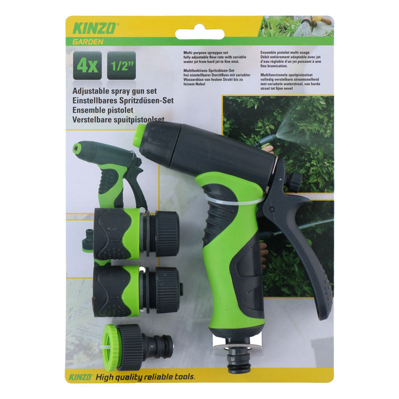 Kinzo - Garden irrigation set, spray gun with flow control plus 1/2" connectors (4 pcs)