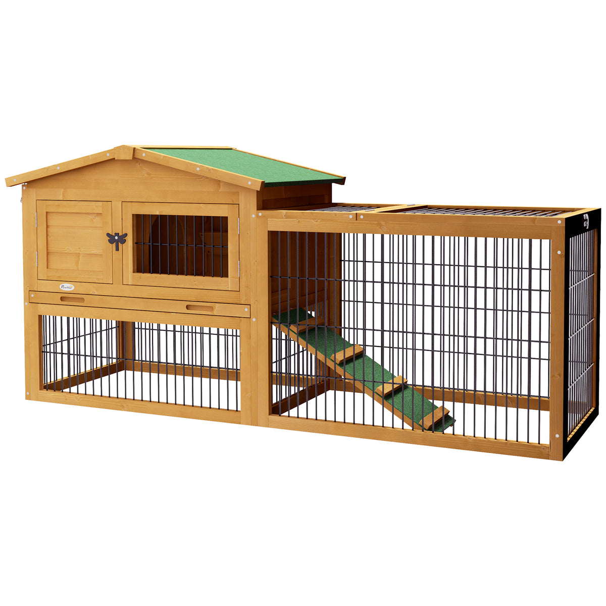 Rabbit Hutch 2 Levels Rabbit Stall Fir Wood Winterproof Double-Decker House with Run Ramp 150x52x68 cm Yellow