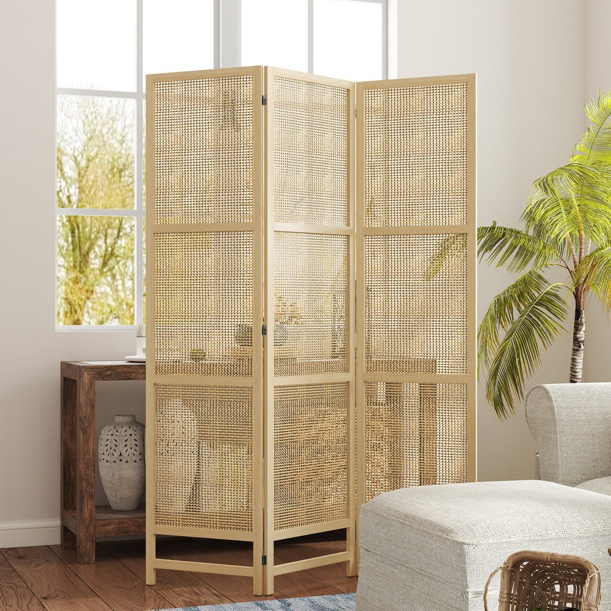 3-panel room divider, 180 cm foldable partition screen, freestanding room separator with hand-woven design for (2)
