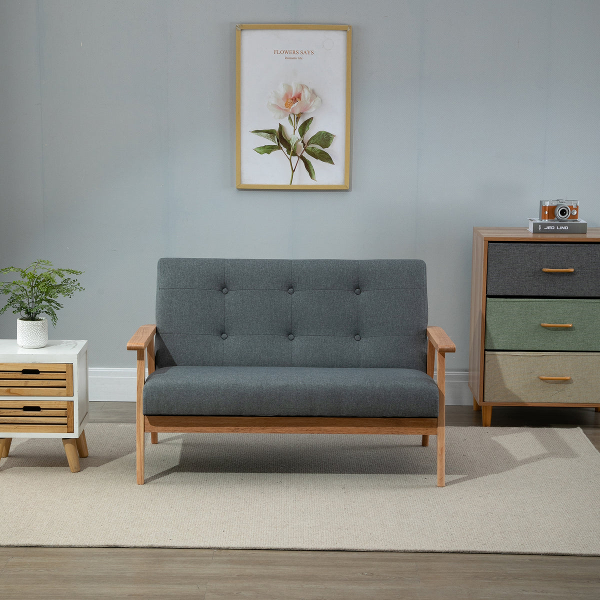 2-seater sofa, 115 cm couch with armrests, backrest, small upholstered sofa in linen look, wooden legs (2)
