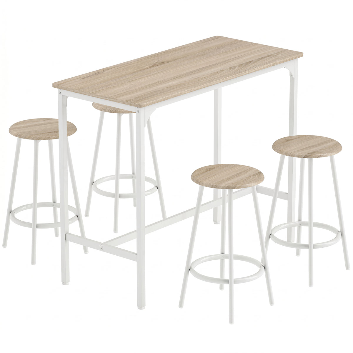 5-Piece Bar Table Set for 4, Industrial High Table with Stools for Kitchen & Dining Room, Oak