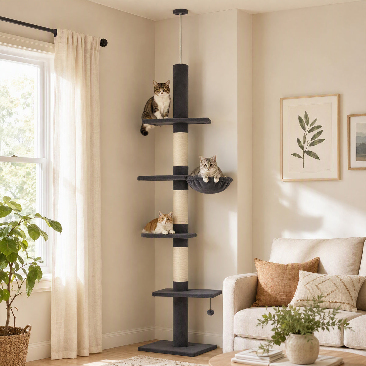 Floor-to-ceiling cat tree 225-255 cm height-adjustable cat tree with 5 levels, 3 sisal scratching posts, hammock (2)