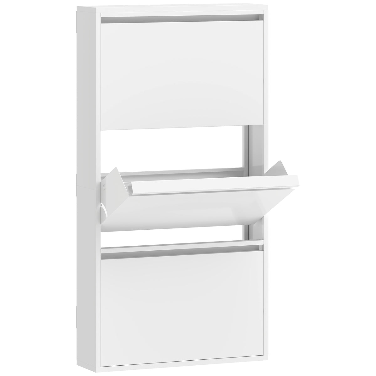 Metal shoe cabinet with 3 tilt-out compartments, slim shoe storage, wall-mounted, for 6 pairs of shoes, white – assembled