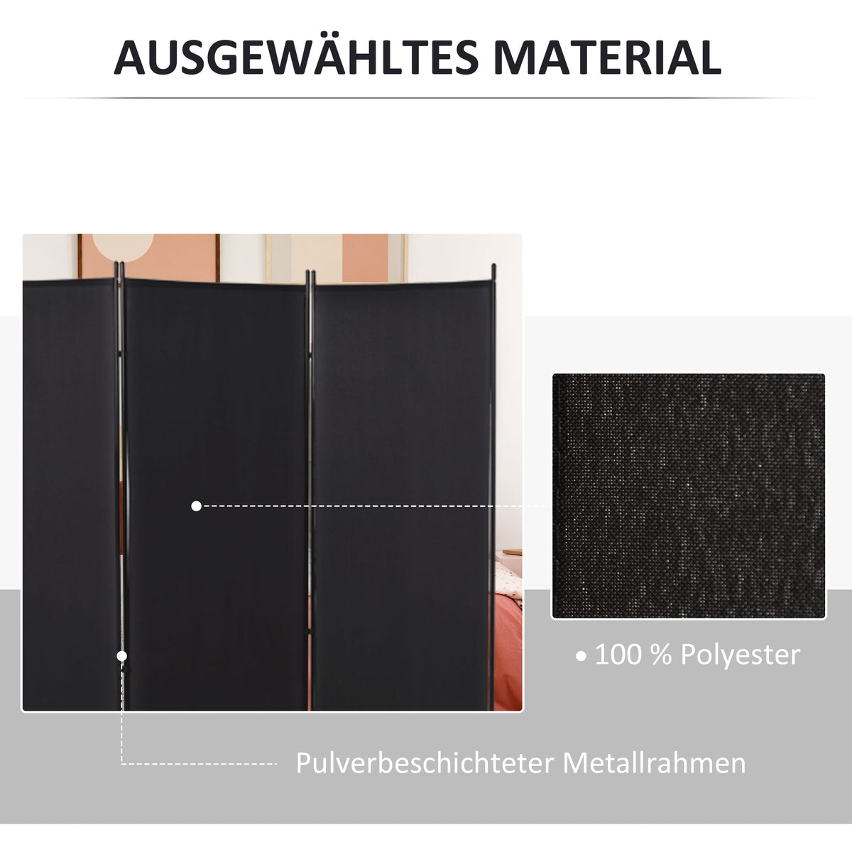 Room divider, 3-panel privacy screen, room separator with metal frame, black (5)
