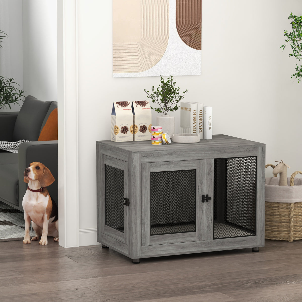 Dog crate, puppy crate, with storage shelf, water-repellent cushion, steel mesh, adjustable feet, 94x60x71.5 cm (2)