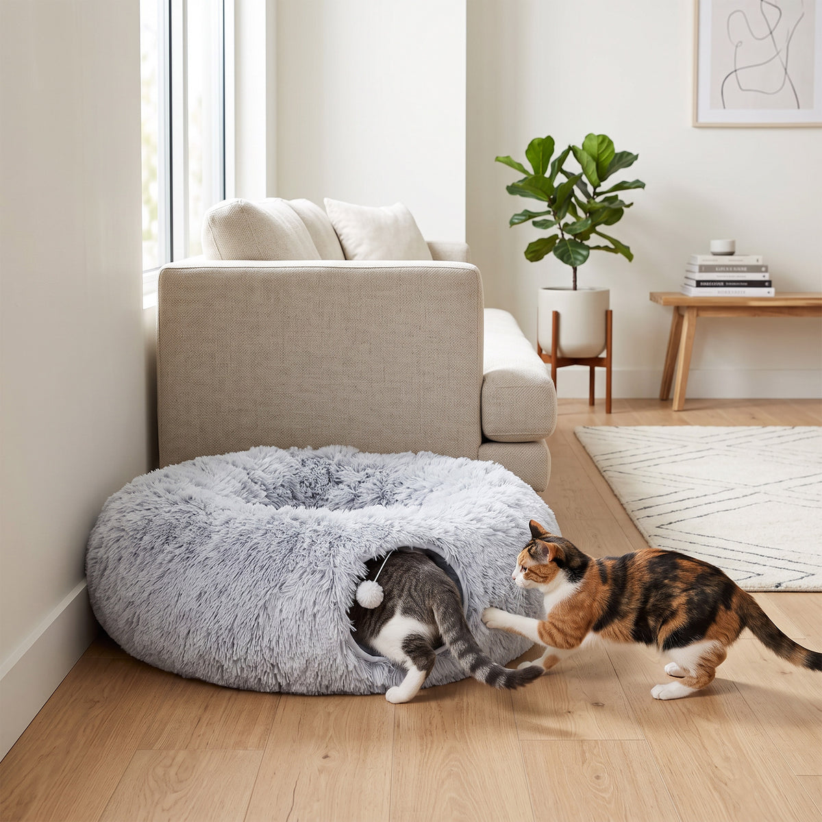 Cat tunnel, plush fabric, cushion, foldable, metal frame, cat cave, light gray (9)