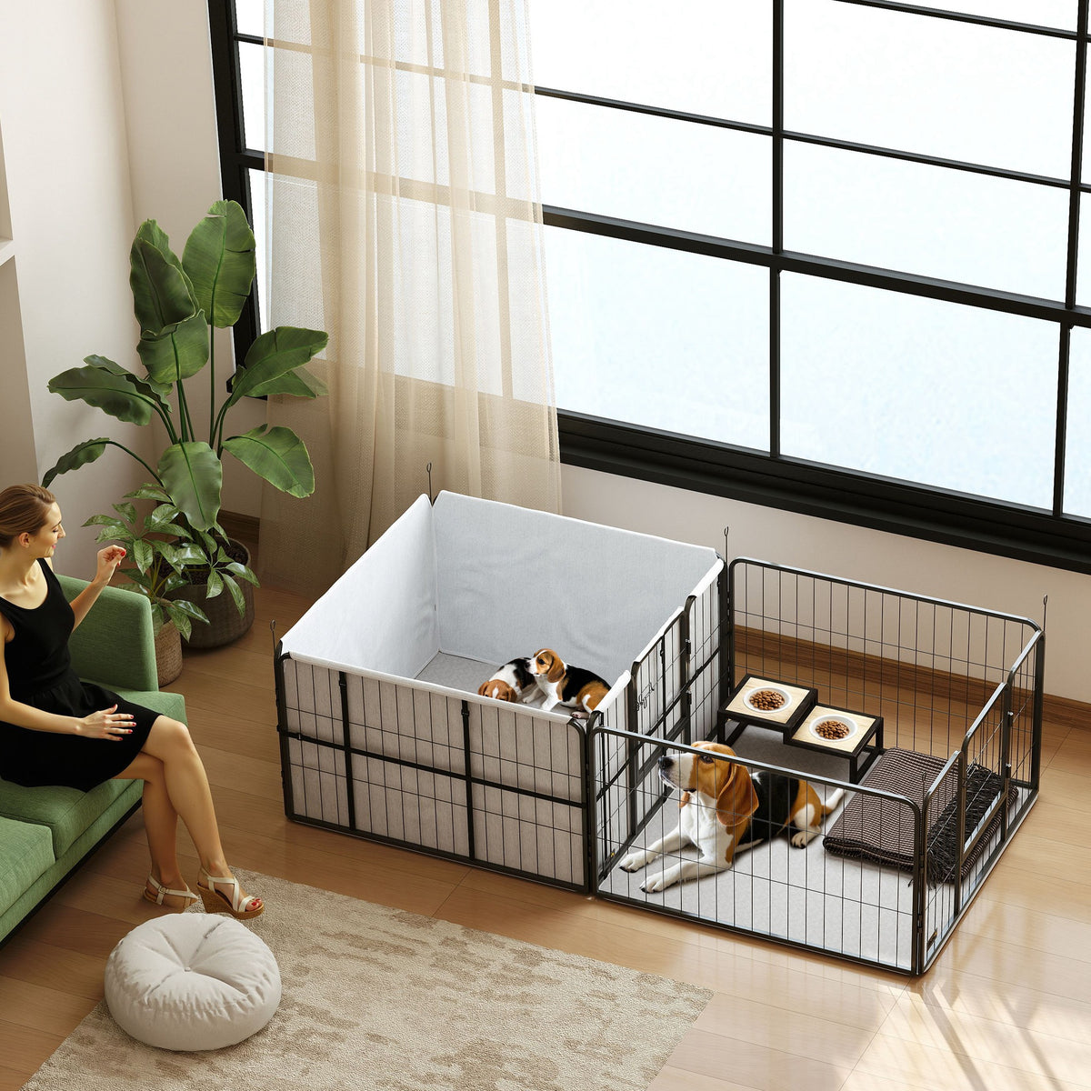 Whelping box for puppies, whelping pen puppy playpen with 7 panels, 2 areas, washable whelping mat, 203x102x60cm (2)