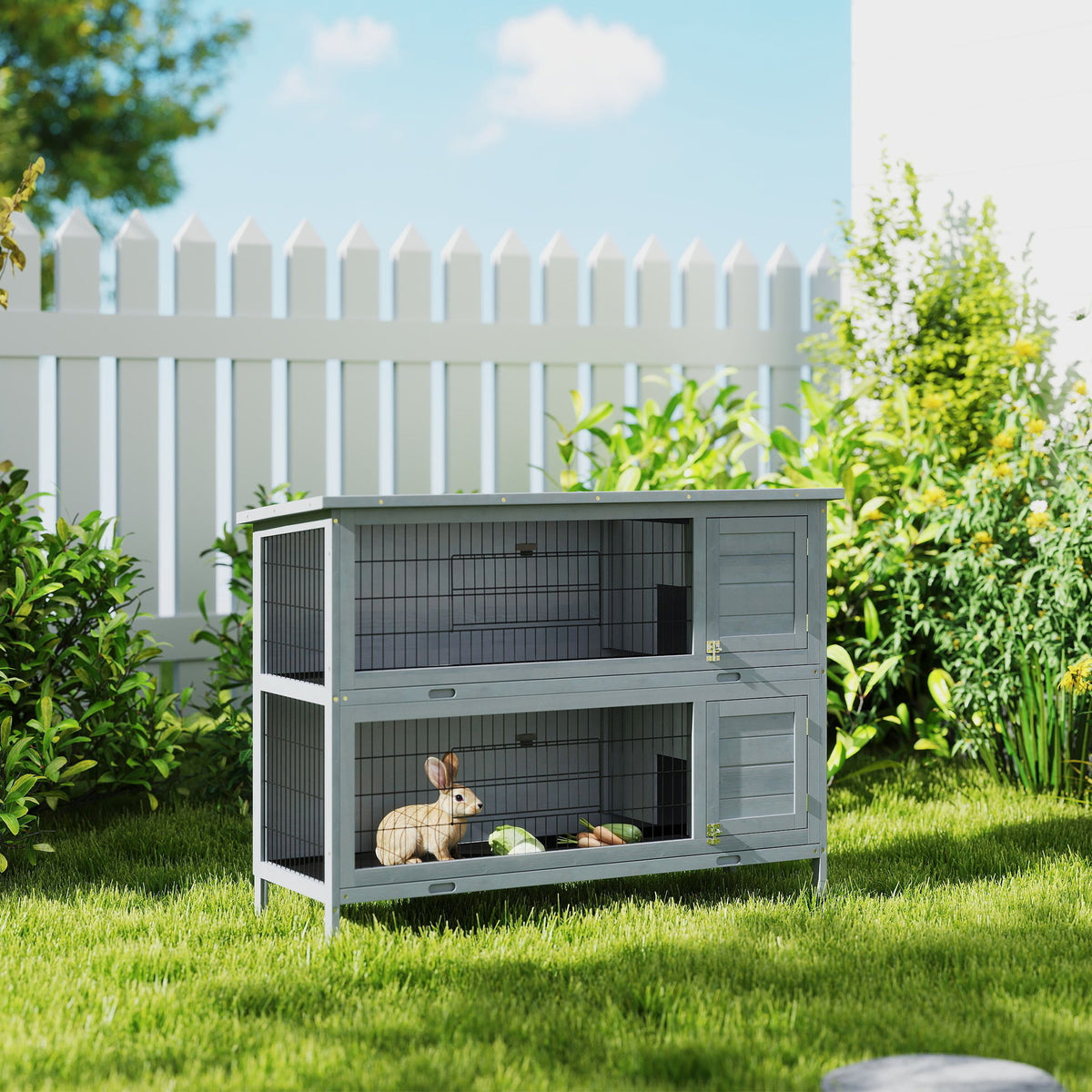 Wooden rabbit hutch with 2 levels, asphalt roof, floor tray, and doors for small animals, 136.4 x 50 x 93 cm (2)