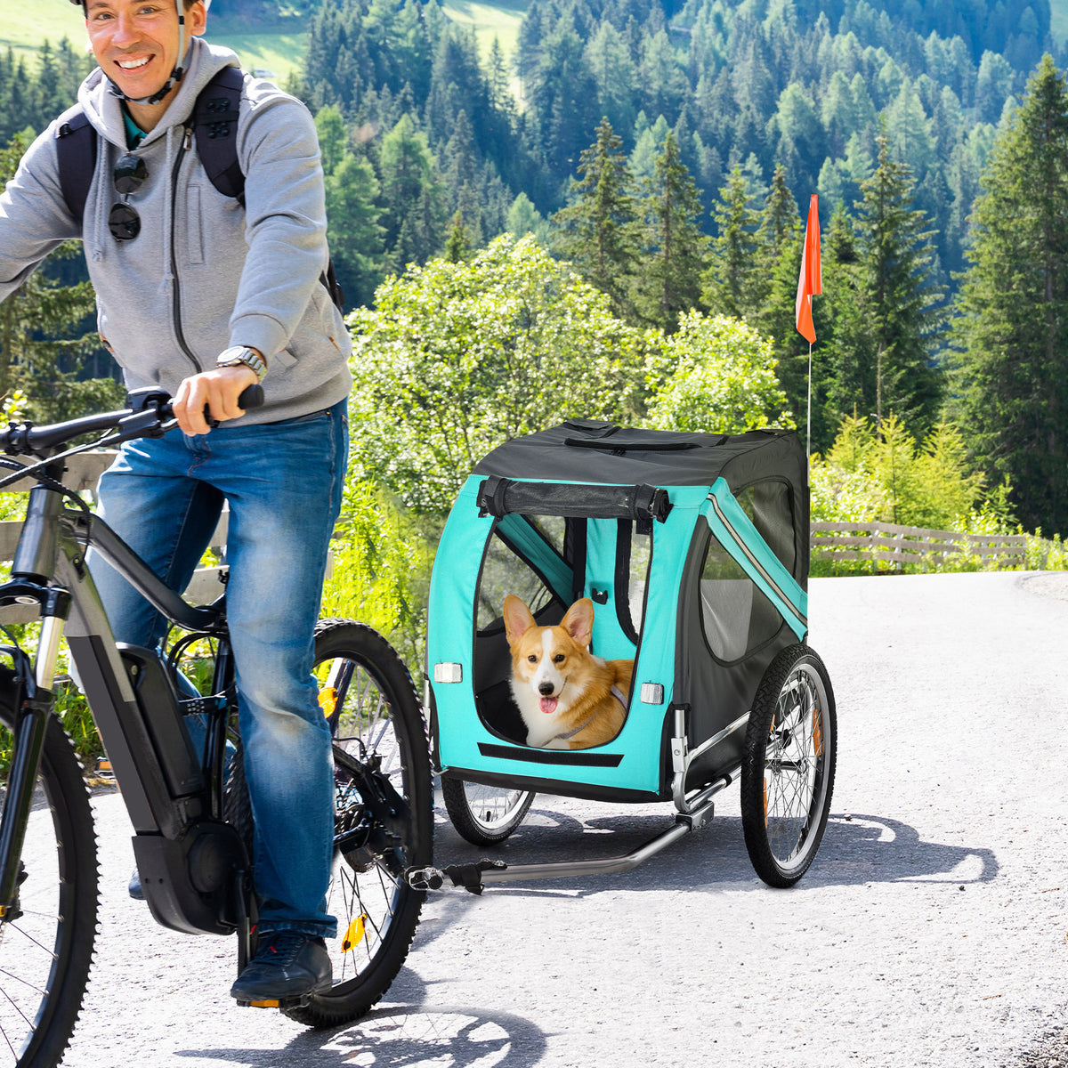 Pet trailer dog trailer bicycle trailer up to 20kg foldable reflector rain cover steel grey + green 130 x 73 x (2)