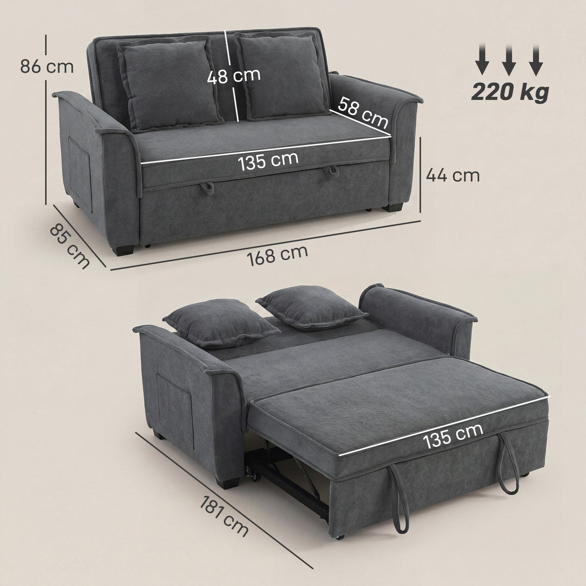 Futon sofa bed, adjustable backrest, 2-seater with 2 cushions, dark grey (3)