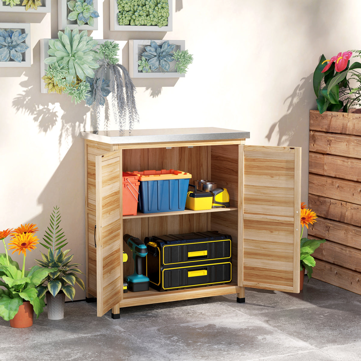 Garden cabinet with internal shelf and workbench, made of spruce wood and galvanized steel, 79x43x92 cm, wood (2)