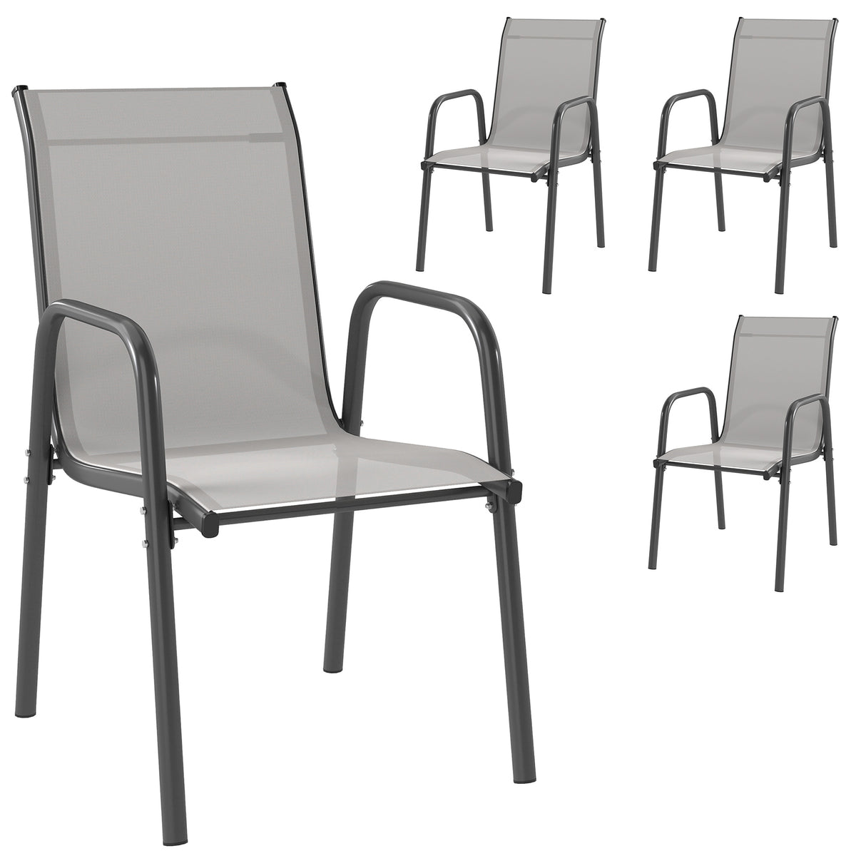 Garden Chairs Set of 4 Stackable Patio Chairs with Breathable Backrest, Armrests 120 kg Load Capacity