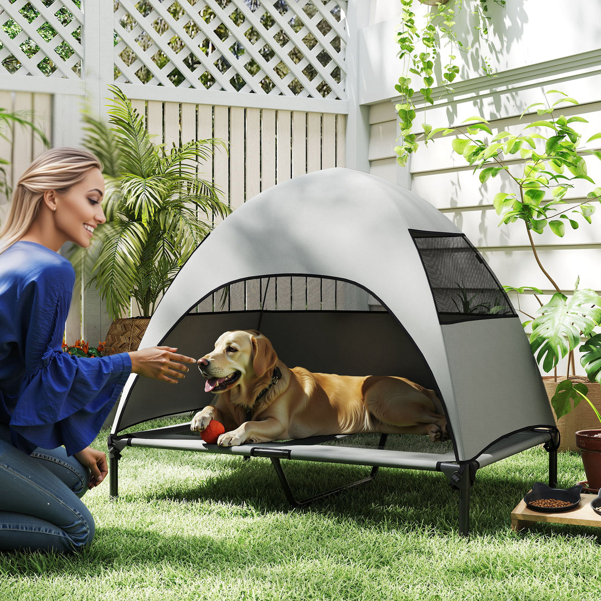 Outdoor Dog Cot with Canopy, Elevated Dog Bed for Large Dogs, 106 x 76 x 99 cm, Light Gray (2)