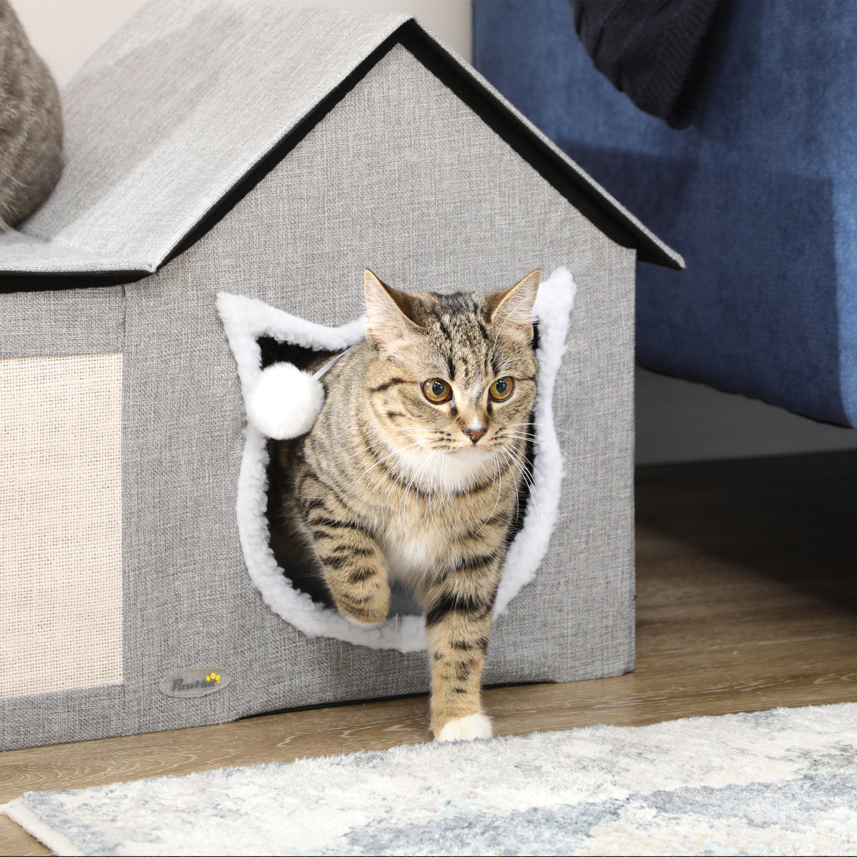 Cat house with scratching surface, incl. toy ball, cat cave, 65 cm x 41 cm x 45.5 cm H, brown + white + beige (7)
