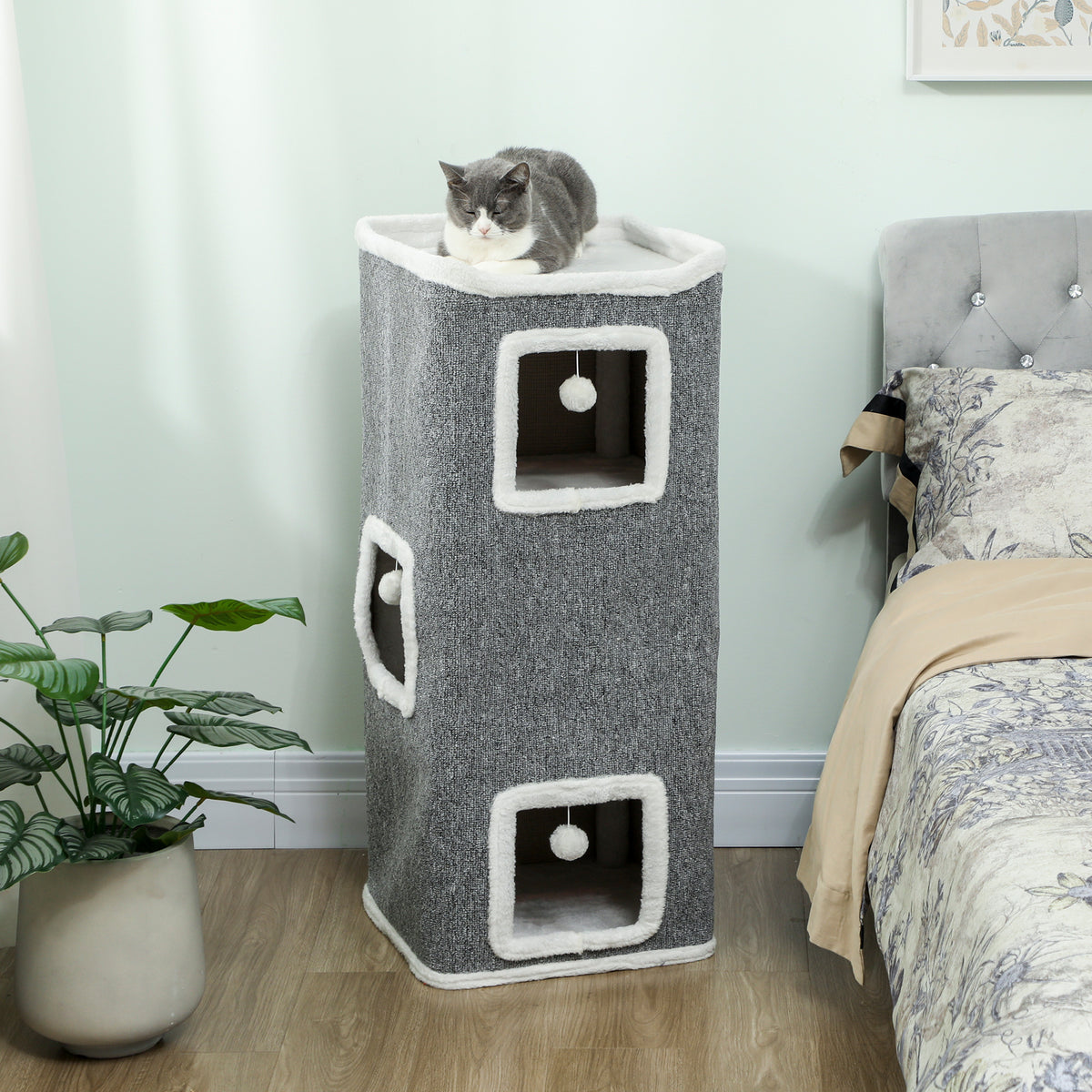 4-tier cat tower, cat tree with 3 caves, particle board, play balls, gray (2)