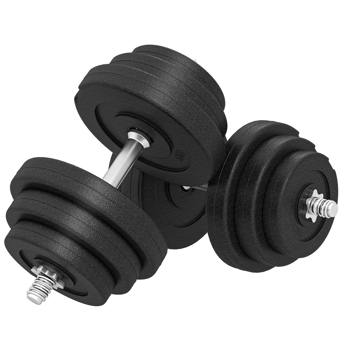 40 kg dumbbell set, 2 metal handles, 12 weight plates, floor-friendly, black