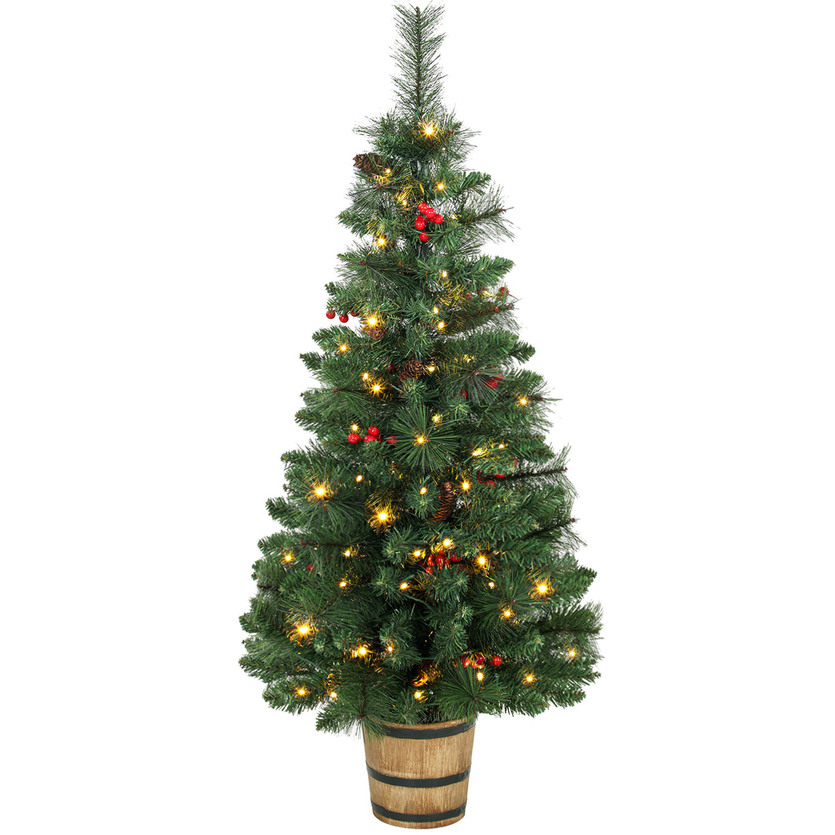 Artificial Christmas tree, 120 cm Christmas tree with 100 LED lights, 131 tips, berries, 2 light colors, remote