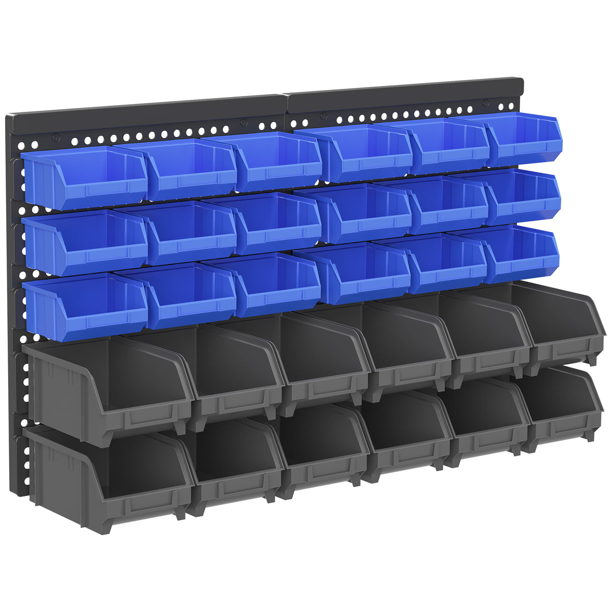Bin rack, workshop organizer, 30 bins in 2 sizes, stackable, 63x18x37.5cm, blue