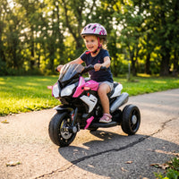 Electric children's motorcycle, lights & sounds, 3 km/h, rechargeable, plastic & metal, pink/white (8)