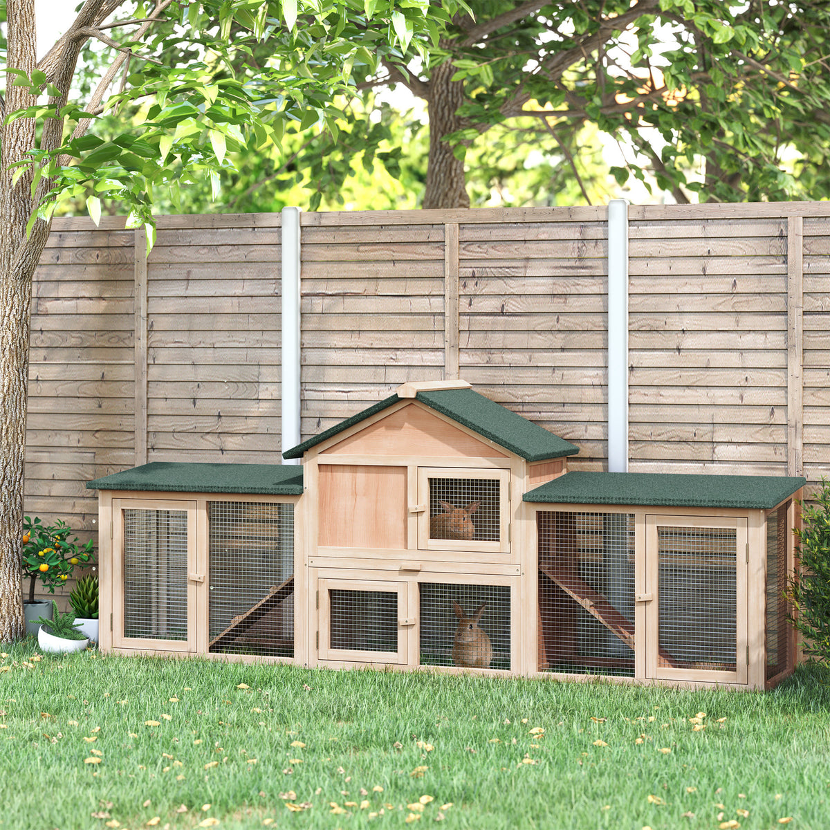 Small animal hutch with 2 outdoor runs, fir wood, grey + black (2)