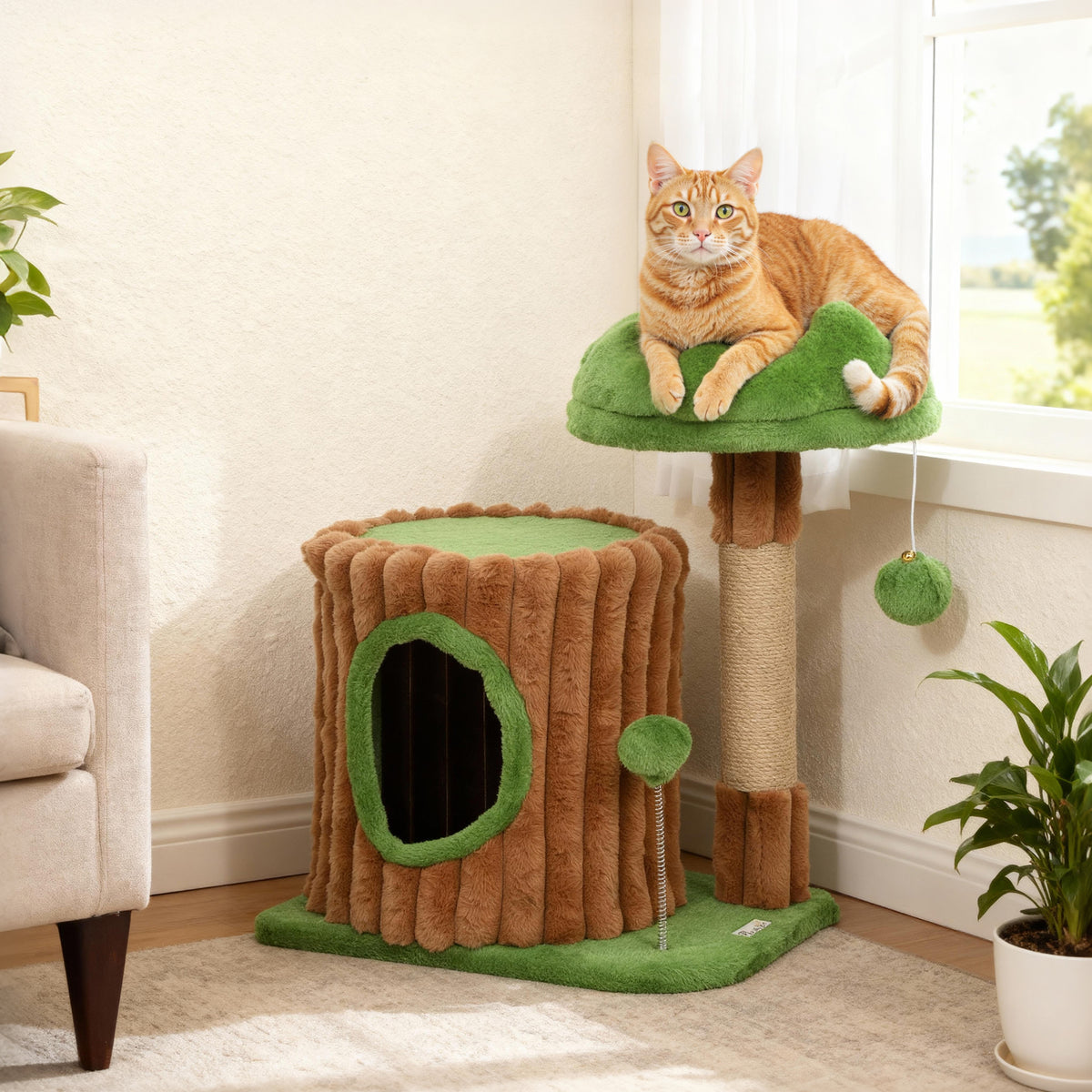 Cat tree 53 cm high, cat tree with cave, tree trunk design, jute posts, 2 balls for 1-2 cats under 5 kg (2)