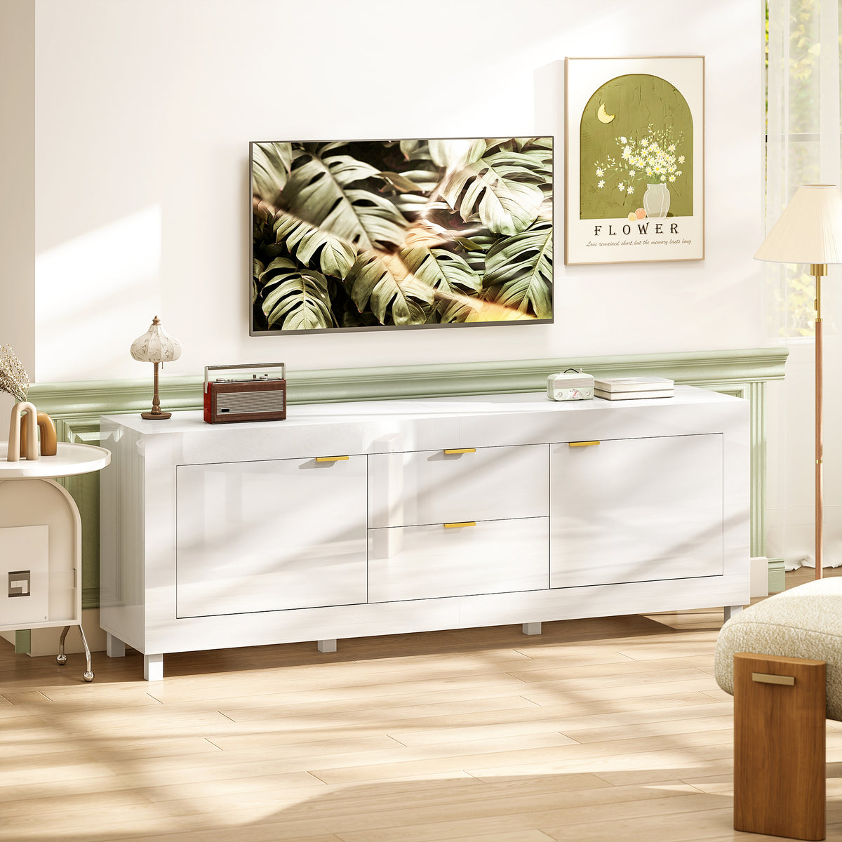 TV stand for TVs up to 75 inches, modern entertainment center with 2 cabinets and 2 drawers, high-gloss white (2)